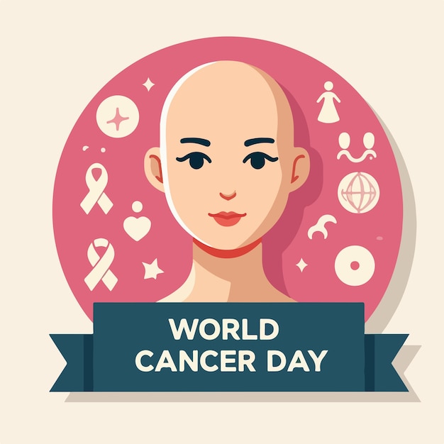 Personaggio di ragazza calva vettoriale con testo della Giornata Mondiale del Cancro in uno stile di design piatto semplice