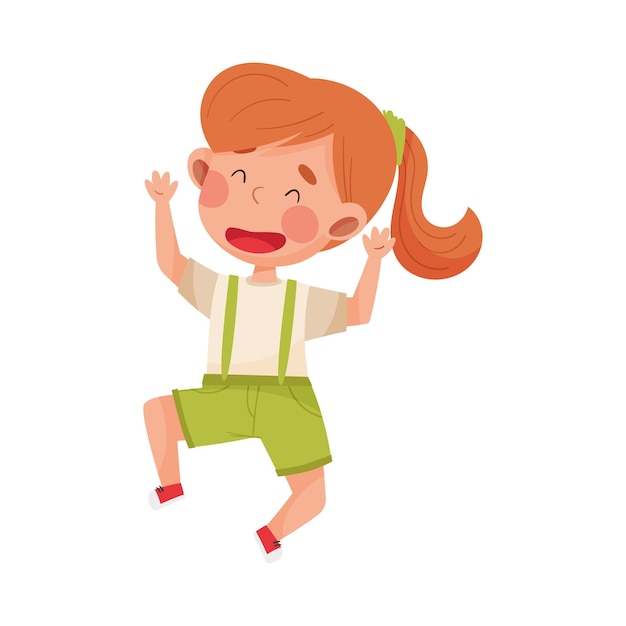 Personaggio di ragazza felice con i capelli rossi che salta in alto con gioia ed eccitazione Illustrazione vettoriale