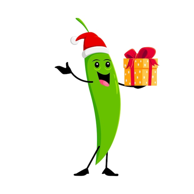 Personaggio di verdure di pisello verde di cartone animato con regalo vettore isolato personaggio di cibo sano di Natale che indossa il cappello di Babbo Natale con una scatola di regali colorata Verdure crude con un sorriso allegro che diffonde l'allegria delle vacanze