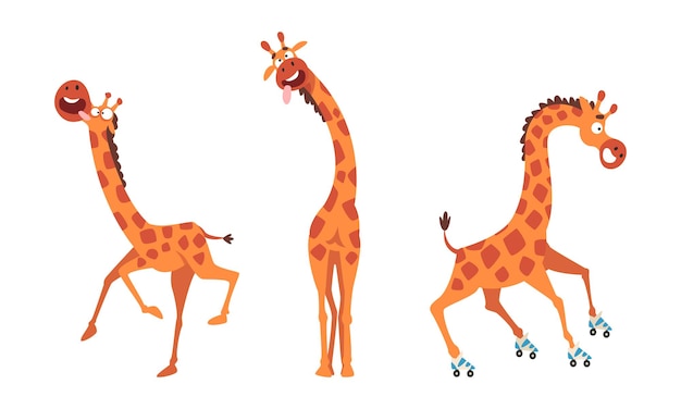 Personaggio divertente di giraffa con gambe lunghe e collo che fa le grimace e cavalca pattini a rulli Set vettoriale