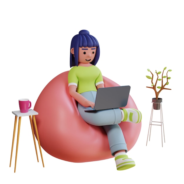 personaggio femminile 3d che lavora al computer portatile