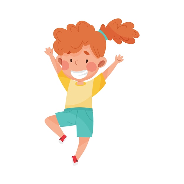 Personaggio femminile con i capelli rossi che salta in alto con gioia ed eccitazione Illustrazione vettoriale