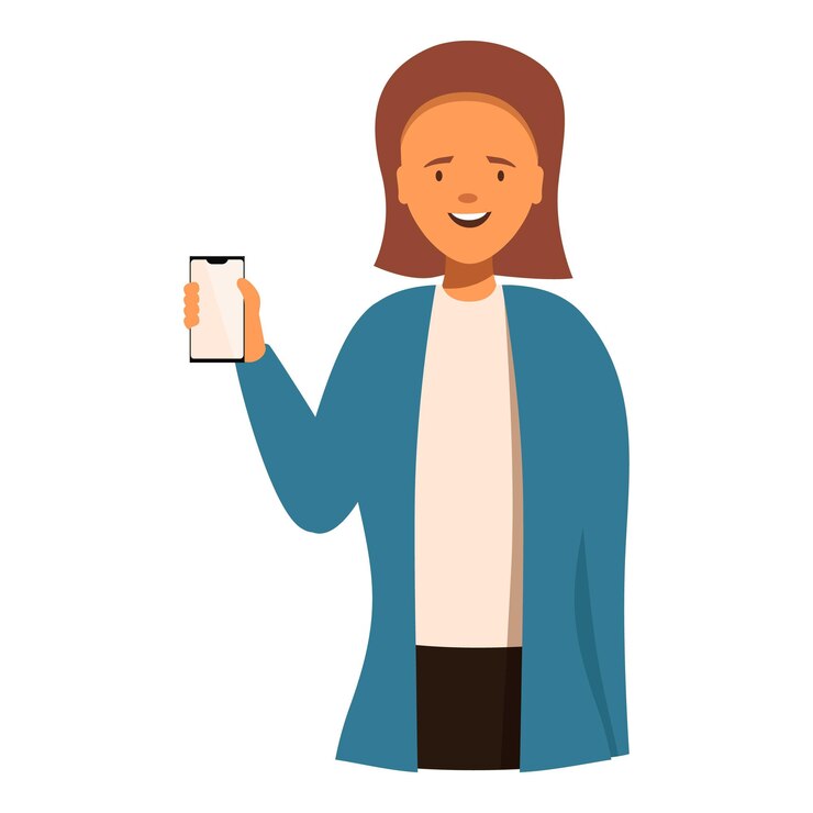 Vettore personaggio femminile felice che tiene in mano un moderno telefono cellulare con un display vuoto per il tuo design