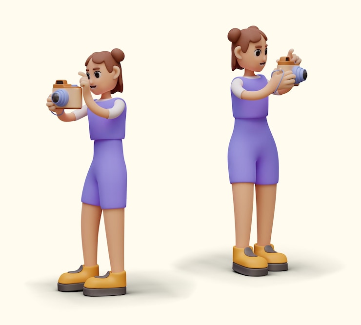 Vettore personaggio femminile in abiti viola sta scattando foto giovane fotografo