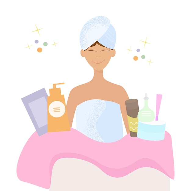 Personaggio femminile in un asciugamano gode di cure cosmetiche del viso e del corpo dopo una doccia