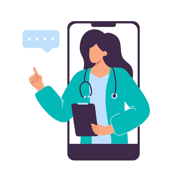Personaggio femminile Medico di famiglia online nello smartphone Medico in visita che utilizza la tecnologia online con i file dei pazienti che prescrive farmaci Cartoon People Flat Vector Illustration