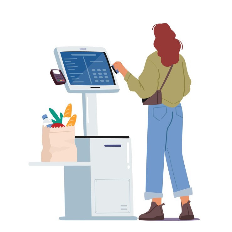 Vettore personaggio femminile nel banco del supermercato alla cassa self-service con terminale pos