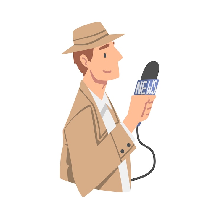 Vettore personaggio giornalista con cappello e microfono che raccoglie notizie e conduce interviste illustrazione vettoriale
