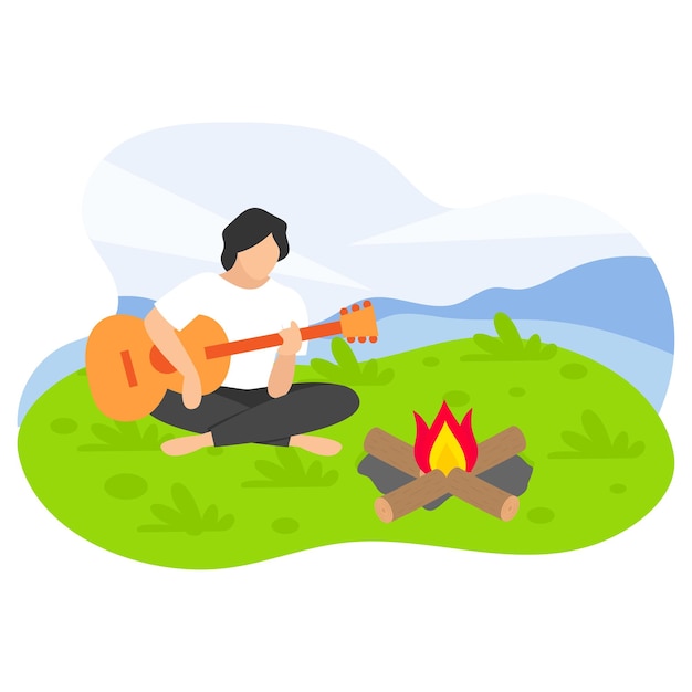 Personaggio maschile con chitarra e fuoco al campo estivo Chitarrista concettuale che si gode il vettore della natura