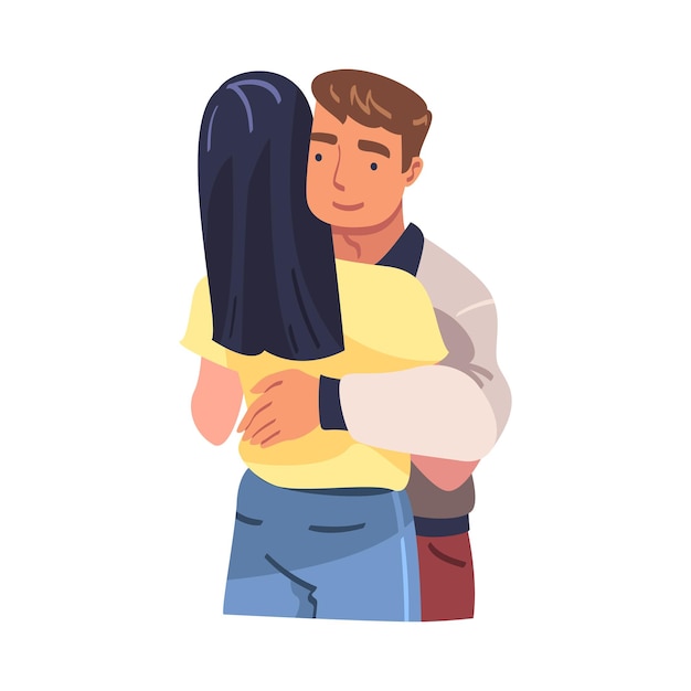 Personaggio maschile e femminile che si abbracciano e si abbracciano esprimendo sentimenti amichevoli Illustrazione vettoriale