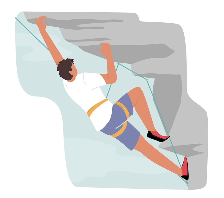 Vettore personaggio maschile giovane scalatore che scala la montagna. uomo con una corda che ha una ricreazione estrema nel parco o nella natura. sport, escursionismo e concetto di attività per il tempo libero. cartoon persone illustrazione vettoriale