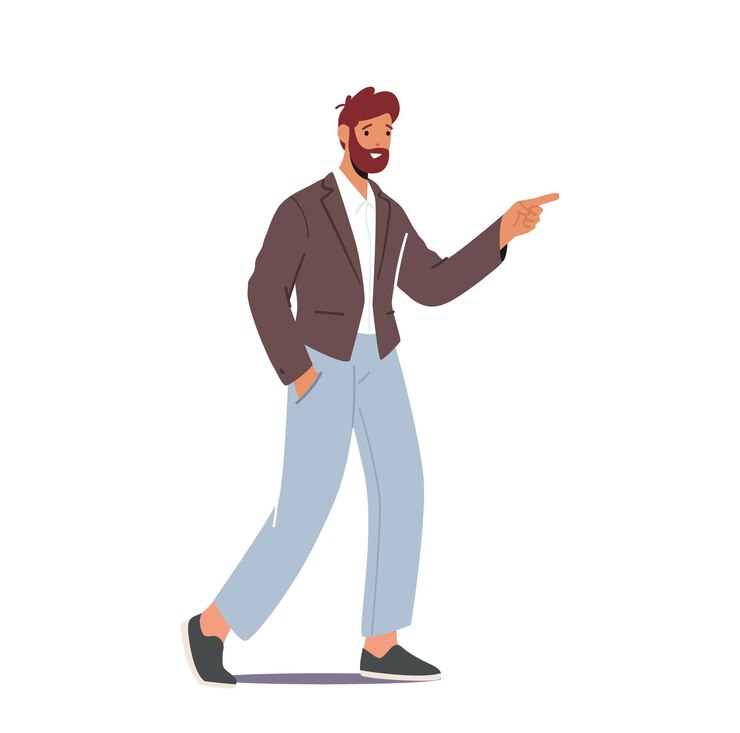 Vettore personaggio maschile indossare jeans blu e giacca a piedi con il dito puntato isolato su sfondo bianco uomo positivo