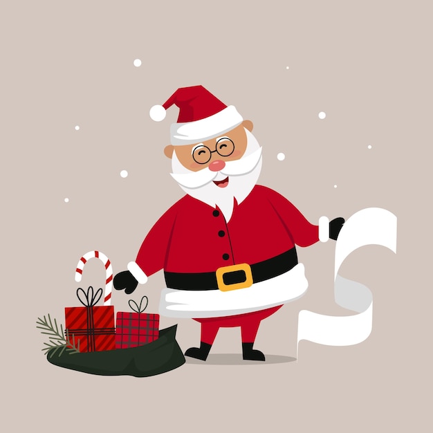 Personaggio natalizio babbo natale con gli occhiali con una lunga lista dei desideri e un sacco aperto pieno di regali