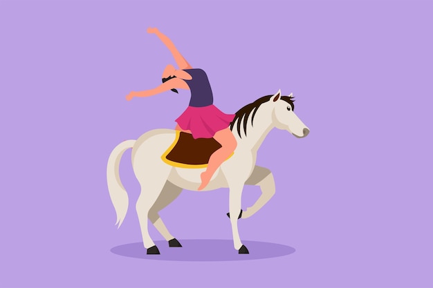 Personaggio piatto disegno femminile acrobata si esibisce su un cavallo da circo mentre balla a cavallo e alza la mano Il cavallo si unisce alla danza Spettacolo circense evento intrattenimento Cartoon design illustrazione vettoriale