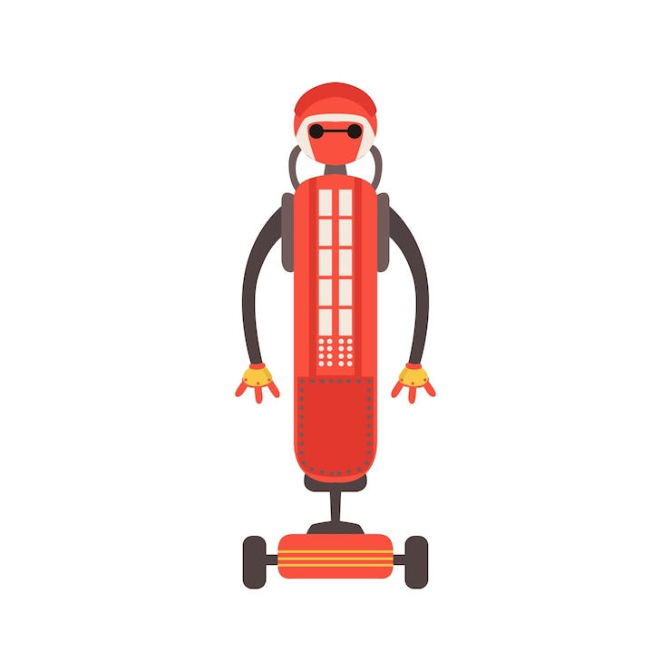 Vettore personaggio robot android amichevole rosso su piattaforma a ruote fumetto illustrazione vettoriale
