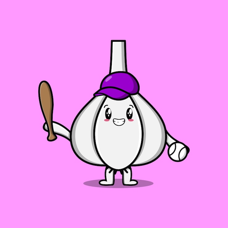 Vettore personaggio simpatico cartone animato aglio che gioca a baseball in un design in stile moderno