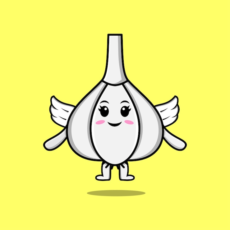 Vettore personaggio simpatico cartone animato aglio che indossa le ali in un'illustrazione di design in stile moderno