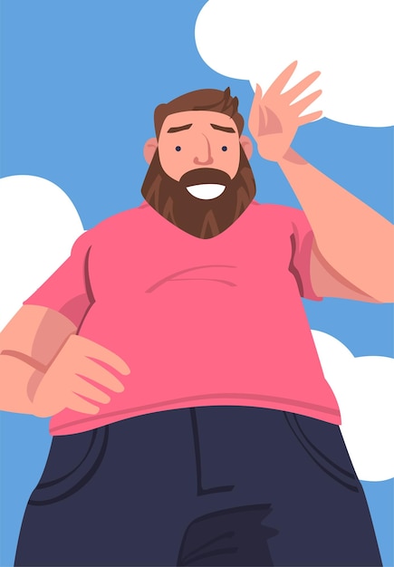 Personaggio uomo barbuto in piedi che guarda dall'alto sorridente amichevole e agitando la mano vettore