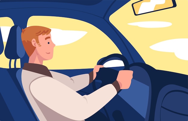 Personaggio uomo che guida un'auto seduto sul sedile del conducente all'interno del veicolo Illustrazione vettoriale