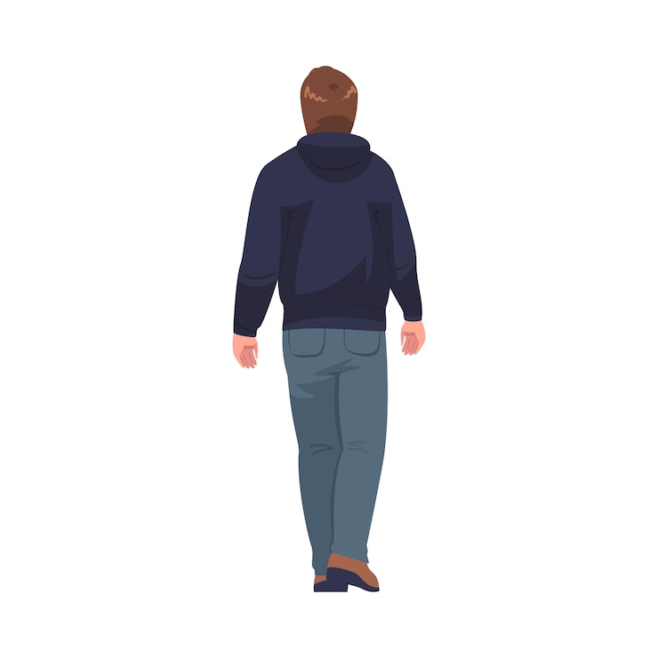 Vettore personaggio uomo con cappuccio e pantaloni in piedi back view illustrazione vettoriale