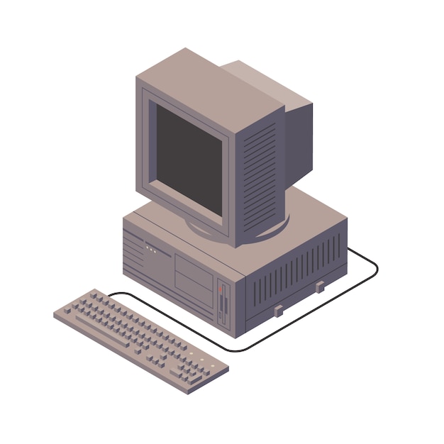 Personal computer retrò. Vecchio PC con display, tastiera. Illustrazione isometrica