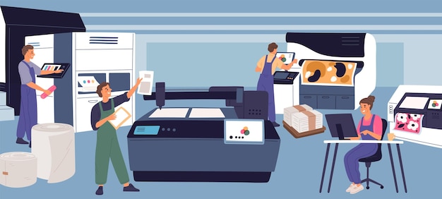 Personale della tipografia che lavora nelle produzioni di poligrafia Persone nella tipografia Macchine tipografiche Attrezzature professionali Correzione dei colori Dipendenti dell'ufficio stampa Concetto vettoriale Garish