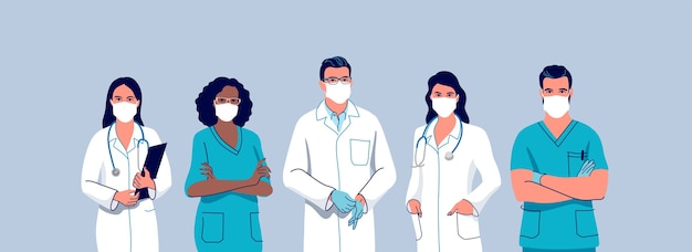 Personale medico. Medici e infermieri che indossano una mascherina chirurgica.