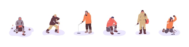 Persone al set di pesca sul ghiaccio invernale Pescatori che catturano pesci attraverso i buchi nel lago ghiacciato con canne e attrezzature pescatori felici nella stagione fredda Illustrazioni vettoriali piatte isolate su sfondo bianco