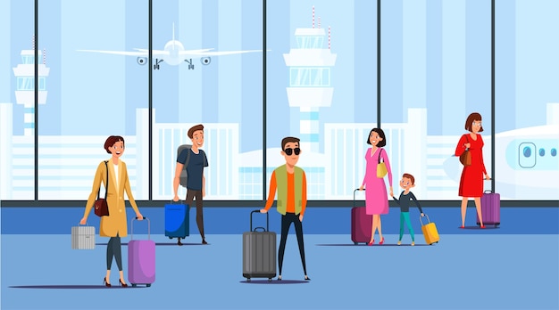 Persone al terminal dell'aeroporto uomini e donne con bagagli in arrivo in attesa della partenza personaggi dei cartoni animati Viaggi in famiglia vacanze turismo industria dei viaggi sala d'attesa interni