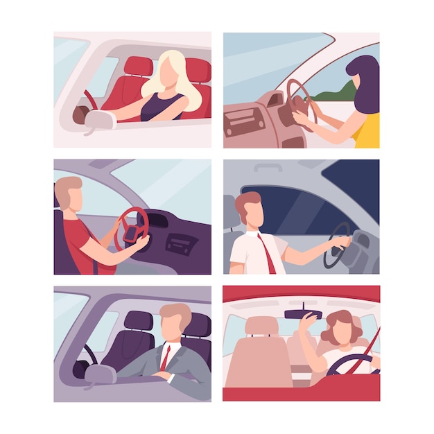 Persone all'interno dell'auto Set di autisti maschi e femmine Personaggi che guidano l'auto Illustrazione vettoriale piatta