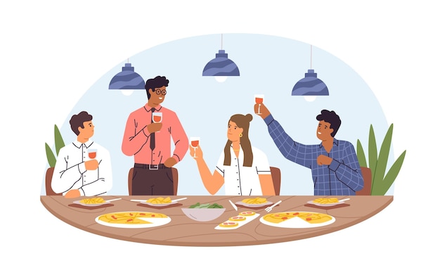 Persone alla cena festiva aziendale con bicchieri di vino. Colleghi che mangiano alla riunione informale. Partner che celebrano smth. a tavola. Illustrazione vettoriale piatta colorata isolata su sfondo bianco.
