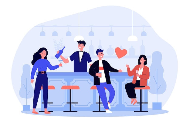 Persone allegre che si rilassano al bar e bevono alcolici. Vetro, data, illustrazione piatta barista. Concetto di fine settimana e tempo libero
