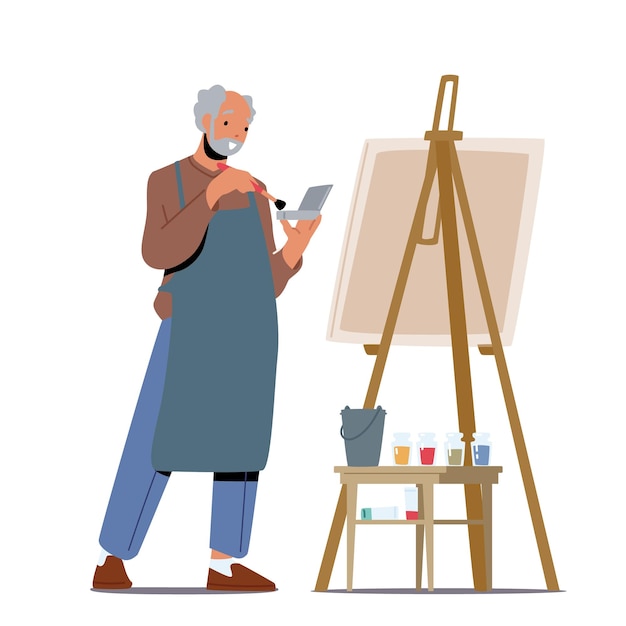 Persone anziane Occupazione creativa Tempo libero Uomo anziano Artista Hobby Vecchio pittore maschio Carattere Tenere il pennello