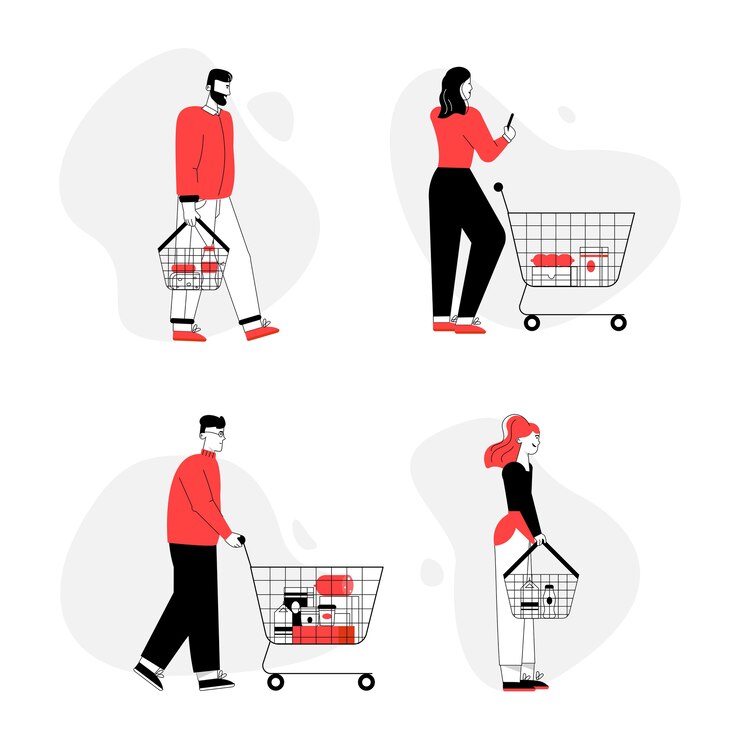 Persone che acquistano cibo nel set del supermercato.