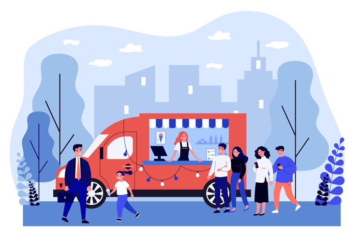 Vettore persone che acquistano il gelato in camion.
