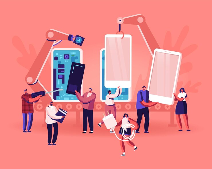 Vettore persone che assemblano e utilizzano il concetto di smartphone. cartoon illustrazione piatta