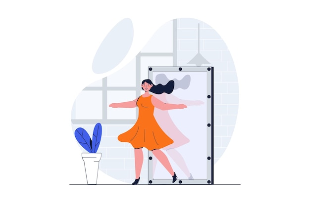 Persone che ballano il concetto di web con la scena del personaggio Donna che si gode la danza in studio e si allena allo specchio Situazione delle persone nel design piatto Illustrazione vettoriale per materiale di marketing sui social media