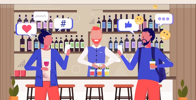 persone che bevono cocktail social media network chat bolla comunicazione concetto visitatori utilizzando app mobile online moderno pub interno schizzo ritratto orizzontale