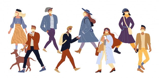 Persone che camminano in maschera protettiva medica