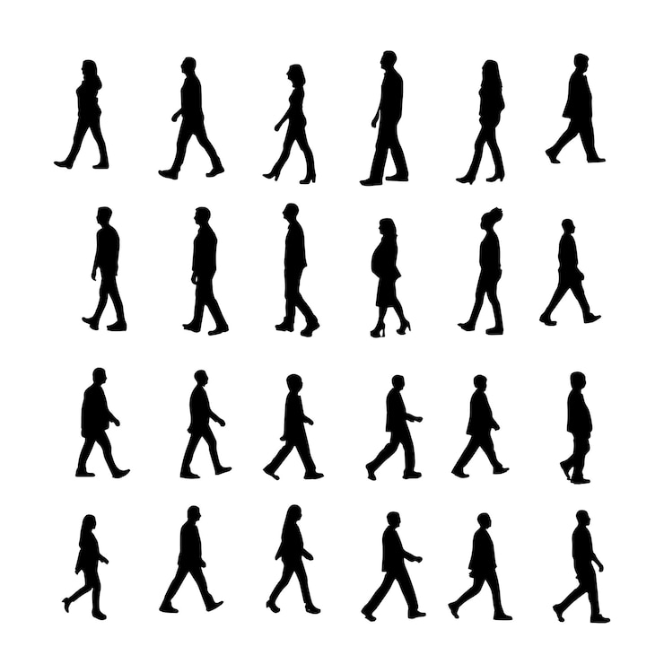 Vettore persone che camminano uomini e donne disegno di silhouette