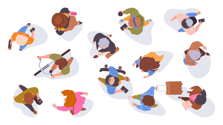 Vettore persone che camminano vista superiore diverse persone vista di gruppo dall'alto personaggi maschili e femminili set di illustrazioni vettoriali piatte uomini e donne che cam minano vista superiore