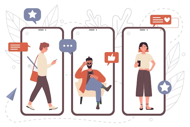 Persone che chattano con gli amici di comunicazione online nell'app di chat telefonica di giovane donna