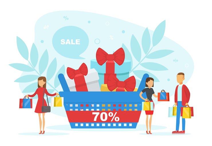 Vettore persone che fanno acquisti piccoli clienti con enormi borse della spesa e scatole regalo acquisti online e-commerce concept flat vector illustration