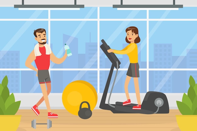 Persone che fanno esercizi in palestra con attrezzature sportive giovane donna che corre sul tapis roulant classe di fitness