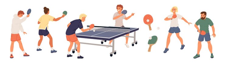 Persone che giocano a ping pong, tennis da tavolo, atleti professionisti con racchette in posizioni diverse, persone in abiti sportivi, giocatori che colpiscono la palla con le racchette, atleti che si battevano, set di vettori sgargianti.
