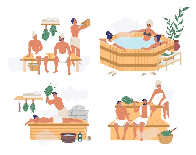 Persone che godono di wellness e rilassamento procedure d'acqua nel bagno a vapore russo sauna finlandese bagno termale giapponese vettore piatto illustrazione isolata Spa resort sauna bagno terapia per la cura del corpo