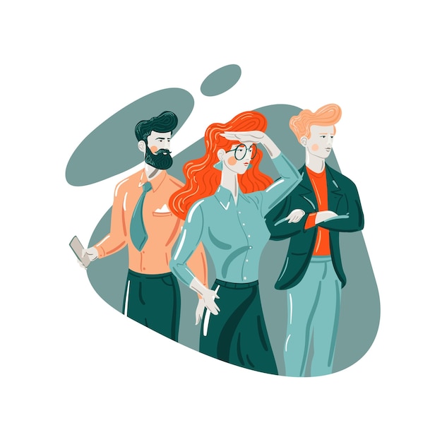 Persone che guardano al futuro Illustrazione vettoriale con tre persone Concetto di business e lavoro di squadra