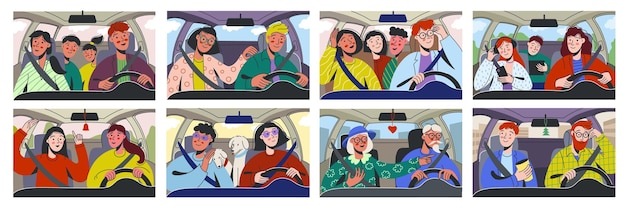 Persone che guidano un'auto Viaggio familiare Personaggi dei cartoni animati in automobile Coppia che guida ad un appuntamento Uomo Donna viaggia con il cane conducente con passeggero Set interno dell'auto vettoriale