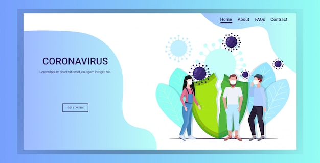 persone che indossano maschere protettive per prevenire l'epidemia MERS-CoV virus concept wuhan coronavirus 2019-nCoV pandemia rischio sanitario medico scudo rotto lunghezza intera copia spazio orizzontale