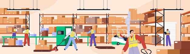 Persone che lavorano nel magazzino Gli operai del magazzino effettuano la spedizione di scatole con carrelli elevatori L'interno dello stoccaggio della fabbrica L'interno dell'edificio dell'hangar Distribuzione logistica e consegna delle merci Illustrazione vettoriale piatta